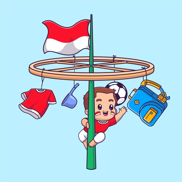 Cute Boy Climbing Slippery Pole in Indonesian Independence Day Cartoon Vector Icon Illustration Flat