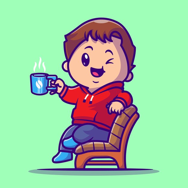 귀여운 소년의 자 만화 벡터 아이콘 그림에 뜨거운 커피를 마신다. 사람과 음료 개체 아이콘 개념 절연 프리미엄 벡터. 플랫 만화 스타일