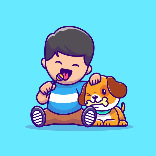 Cute Boy Eating Lollipop With Dog Eating Bone  Cartoon Vector  Illustration. Animal Love  Concept Isolated  Vector. Flat Cartoon Style