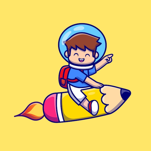 Cute Boy Flying With Pencil Rocket Cartoon