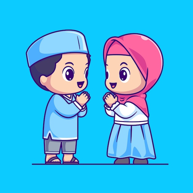 Cute Boy And Girl Moslem Shaking Hand Cartoon Vector Icon Illustration People Holiday Isolated Flat