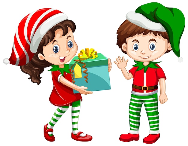 Free vector cute boy and girl wearing christmas costumes cartoon character