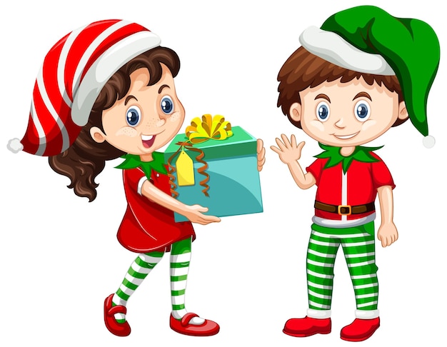 귀여운 소년과 소녀 크리스마스 의상을 입고 만화 캐릭터
