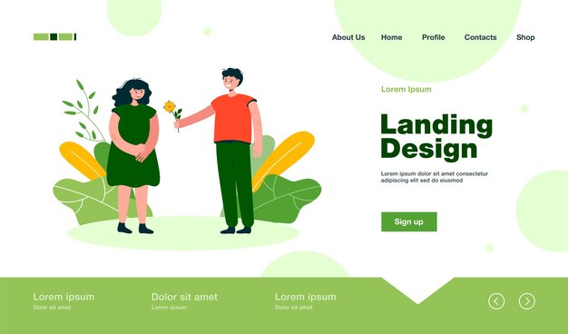 Cute boy giving flower to girl landing page in flat style