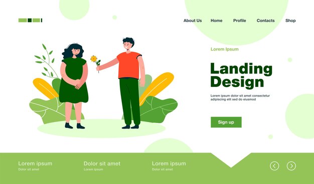 cute boy giving flower to girl landing page in flat style