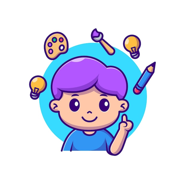 Vettore gratuito cute boy ha l'idea di dipingere cartoni animati vector icon illustrazione persone educazione isolato piatto
