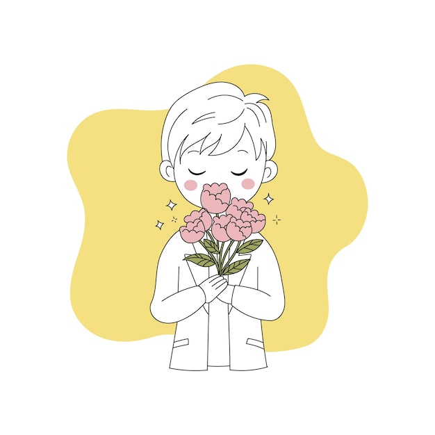 花の花束を持っているかわいい男の子手描き落書きイラスト プレミアムベクター