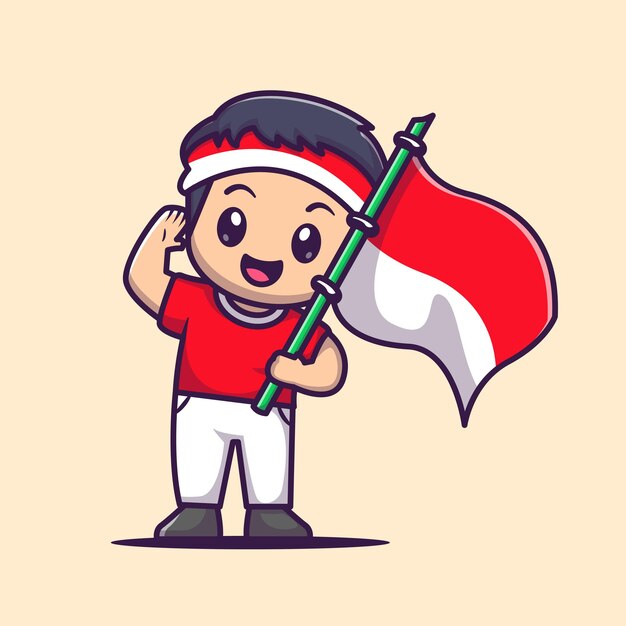 Милый мальчик держит индонезийский флаг мультяшный вектор значок иллюстрации. Люди праздник значок концепция изолированные Premium векторы. Плоский мультяшном стиле