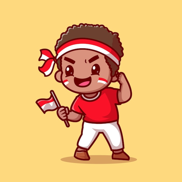 インドネシアの旗漫画ベクトルアイコンイラストを保持しているかわいい男の子。人々の休日のアイコンの概念は、プレミアムベクトルを分離しました。フラット漫画スタイル