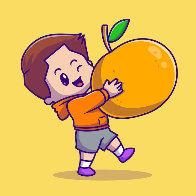 オレンジ色の漫画のベクトルアイコンイラストを保持しているかわいい男の子。人々の果物のアイコンの概念は、プレミアムベクトルを分離しました。フラット漫画スタイル