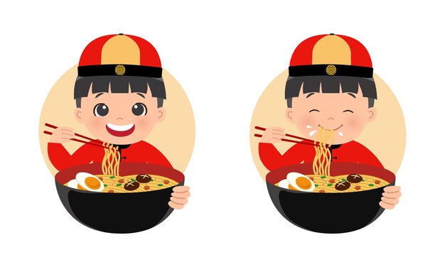 卵ラーメンを食べるかわいいパンダ漫画イラスト プレミアムベクター
