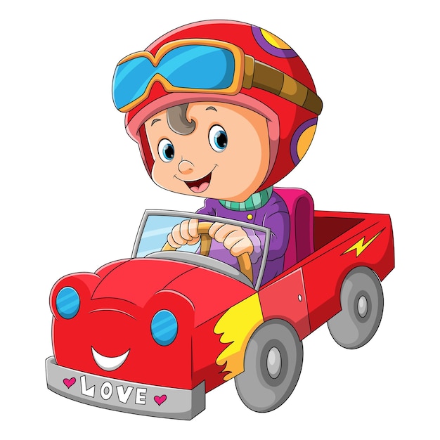 The cute boy is riding a flash car of illustration