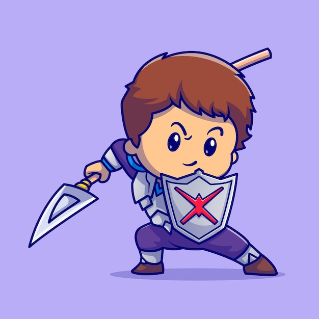 Cute boy knight with shield and spear cartoon vector icon illustration. people hero icon concept isolated premium vector. flat cartoon style