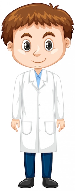 Cute boy in lab gown on white 