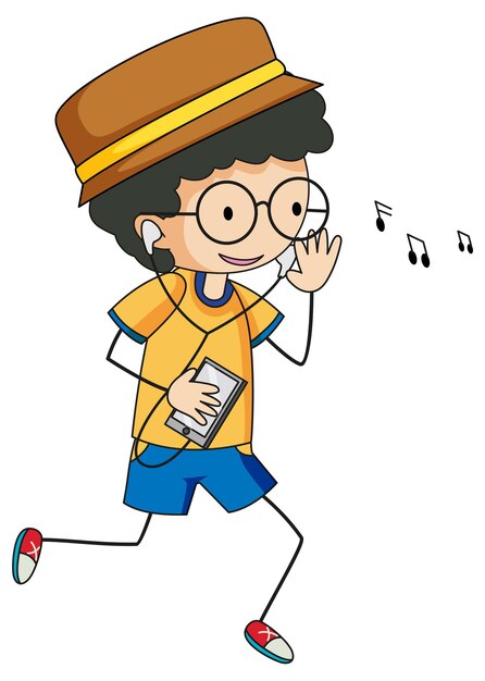 Cute boy listening music doodle cartoon character isolated