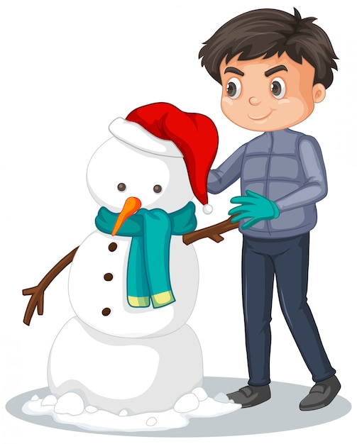 Cute boy making snowman on white