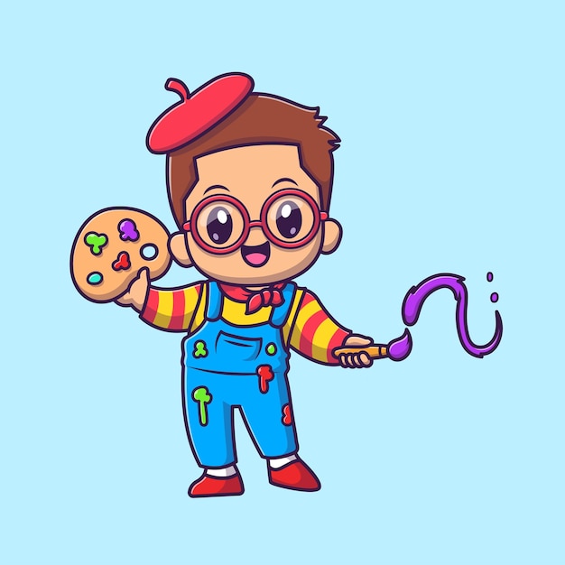 Cute boy painting cartoon vector icon illustration people education icon concept isolated premium