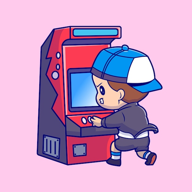 Cute Boy Playing Arcade Machine Game Cartoon Vector Icon Illustration. People Technology Isolated