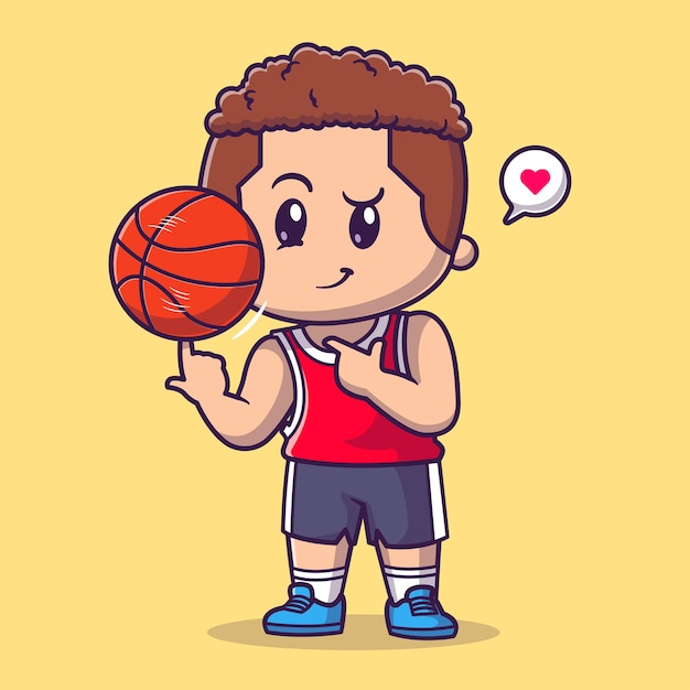 Cute Boy Playing Basket Cartoon Vector Icon Illustration. People Sport Icon Concept Isolated Premium Vector. Flat Cartoon Style