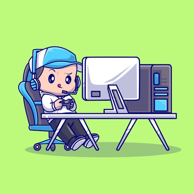 Cute Boy Playing Game On Computer Cartoon Vector Icon Illustration. People Technology Icon Isolated