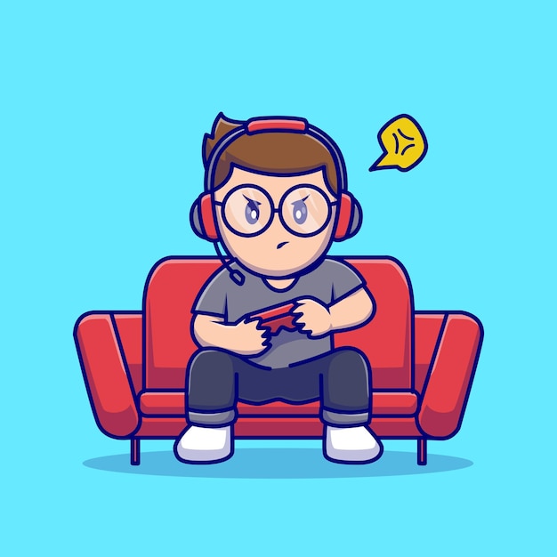 Cute Boy Playing Game On Sofa With Headphone Cartoon Vector Icon Illustration. People Technology