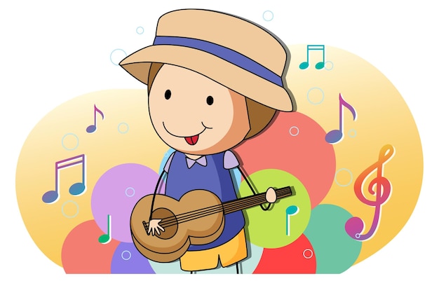 Cute boy playing guitar cartoon