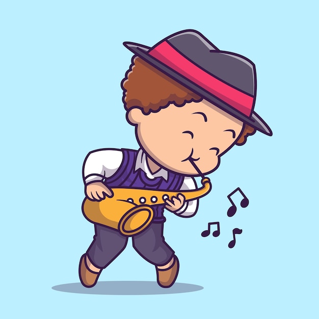 Free vector cute boy playing saxophone cartoon vector icon illustration. people music icon concept isolated premium vector. flat cartoon style