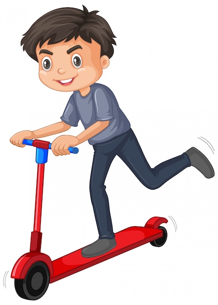 Cute boy playing scooter isolated