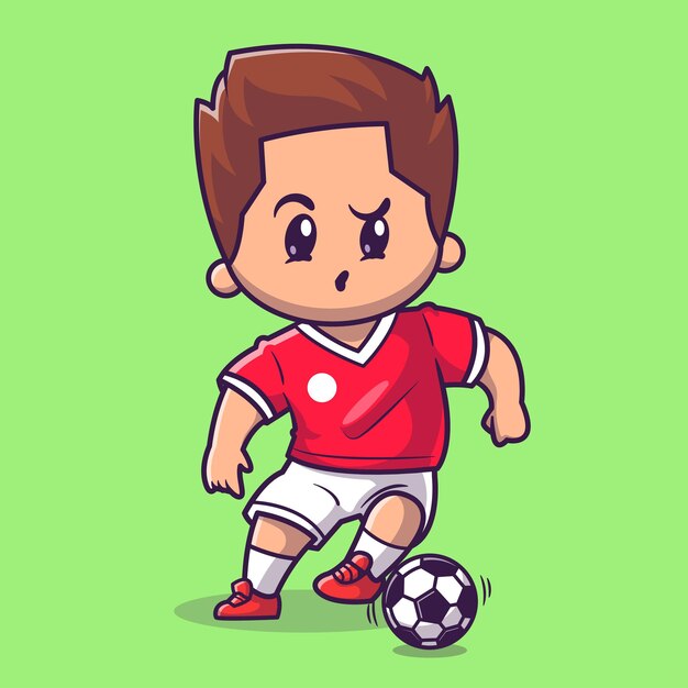 Милый мальчик, играя в футбол мультфильм вектор значок иллюстрации. Люди Спорт Иконка Концепция Изолированные Premium векторы. Плоский мультяшном стиле