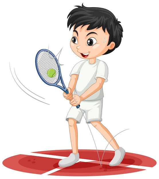 Cute boy playing tennis cartoon character isolated