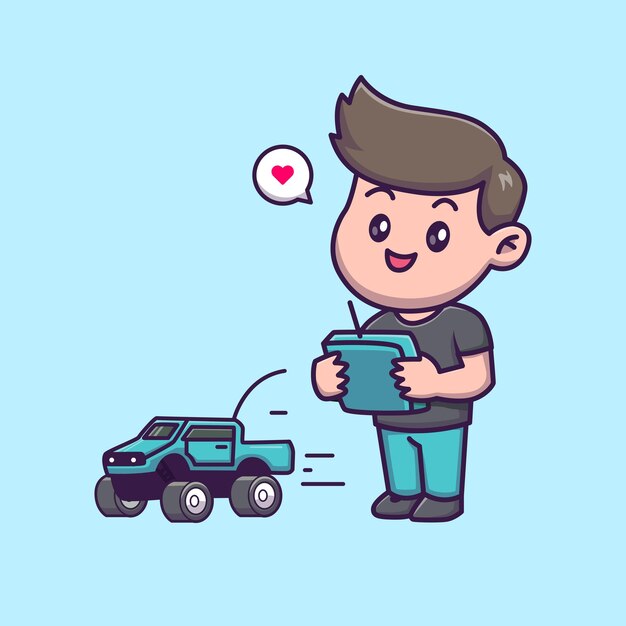 Симпатичный мальчик, играющий в игрушечную машинку с дистанционным управлением, векторная икона мультфильма . Изолированная технология людей