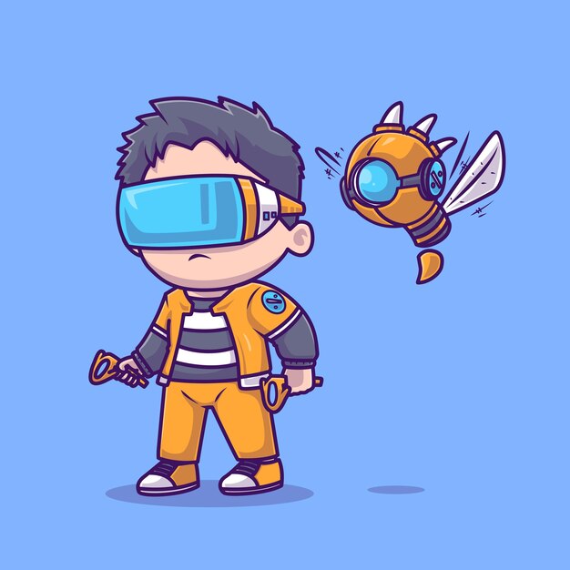 Cute Boy Playing VR Game With Robot Cartoon Vector Icon Illustration. People Technology Isolated