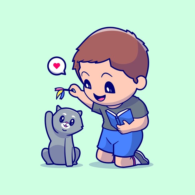 Cute Boy Playing With Cat Cartoon Vector Icon Illustration. People Animal Icon Concept Isolated Flat