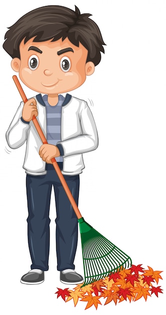 Free vector cute boy raking leaves on white