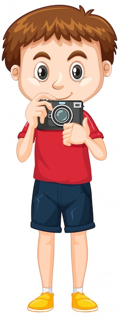 Cute boy in red shirt holding camera on white