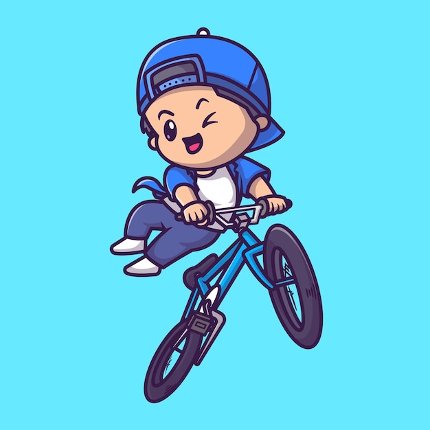 Милый мальчик езда на велосипеде мультфильм вектор значок иллюстрации. Люди транспорт значок концепция изолированные Premium векторы. Плоский мультяшном стиле