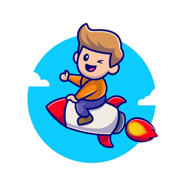 Cute Boy Riding Rocket Cartoon  Icon Illustration.