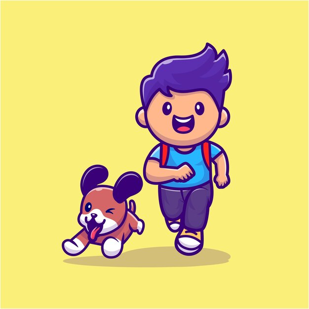 Милый мальчик бежит с собакой