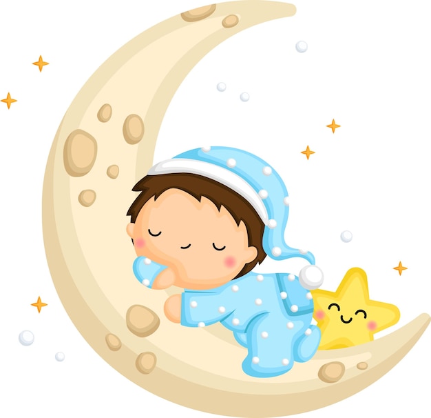 一个可爱的男孩睡在月球上