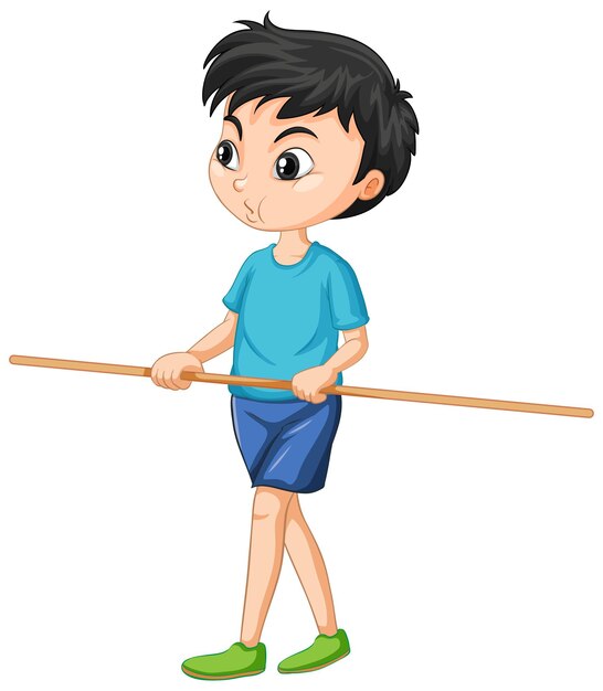 Cute boy standing and holding wooden handle