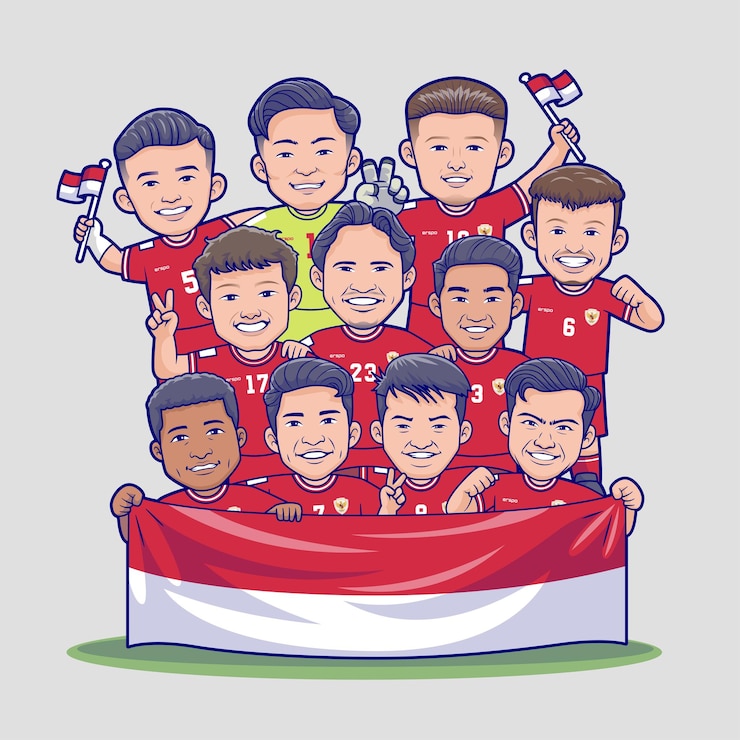 無料Vector インドネシアの国旗を握る可愛い少年サッカーチーム カートゥーンベクトルアイコン イラスト 人々 スポーツ 孤立