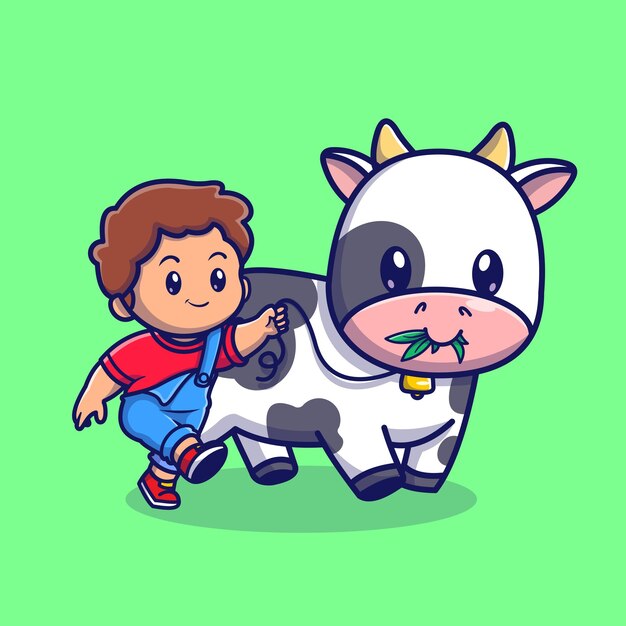 Cute Boy Walking With Cow Cartoon Vector Icon Illustration People Animal Icon Concept Isolated Flat