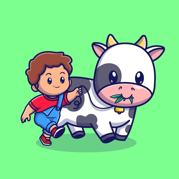 Cute Boy Walking With Cow Cartoon Vector Icon Illustration People Animal Icon Concept Isolated Flat