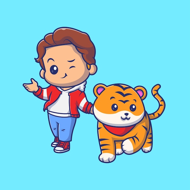 Free vector cute boy walking with tiger cartoon vector icon illustration people animal icon concept isolated