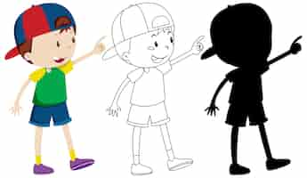 Free vector cute boy wearing cap in colour and outline and silhouette