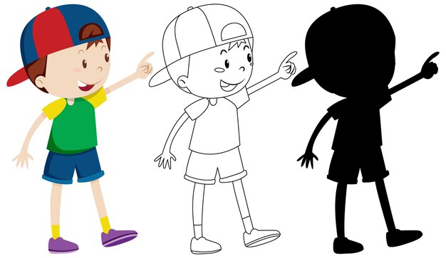 Cute boy wearing cap in colour and outline and silhouette