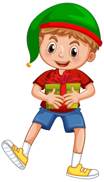 Free vector cute boy wearing christmas hat and holding a gift box on white background