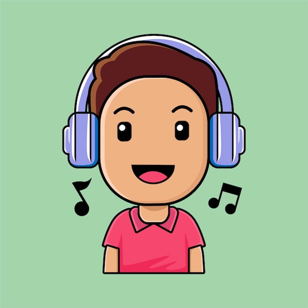 Cute boy wearing headphones listening music cartoon illustration