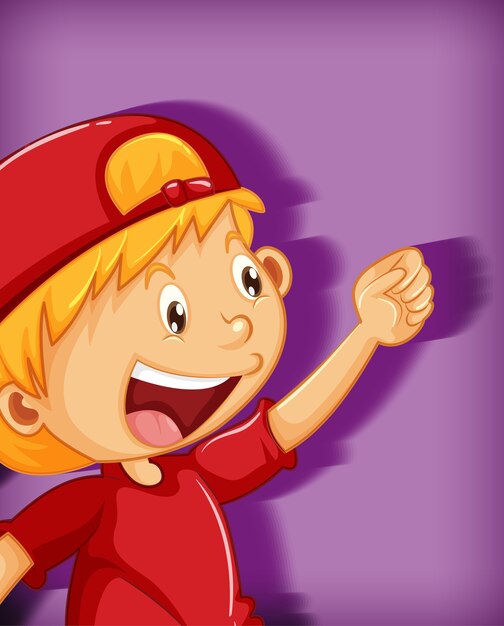 Cute boy wearing red cap with stranglehold position cartoon character isolated on purple background