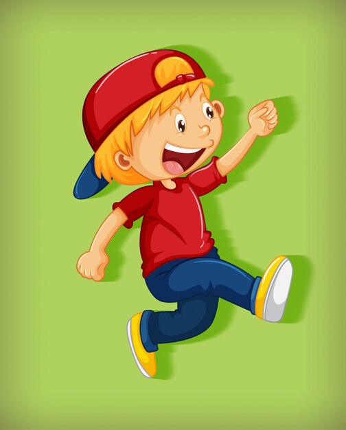 緑の背景に分離された歩行位置の漫画のキャラクターの首を絞めと赤い帽子をかぶっているかわいい男の子